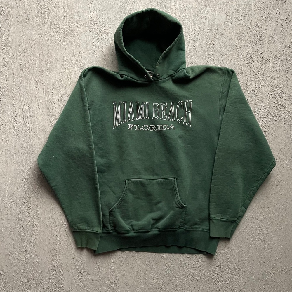 Vintage Miami Beach Florida Hoodie Men XL Green 90s Fruit of the Loom